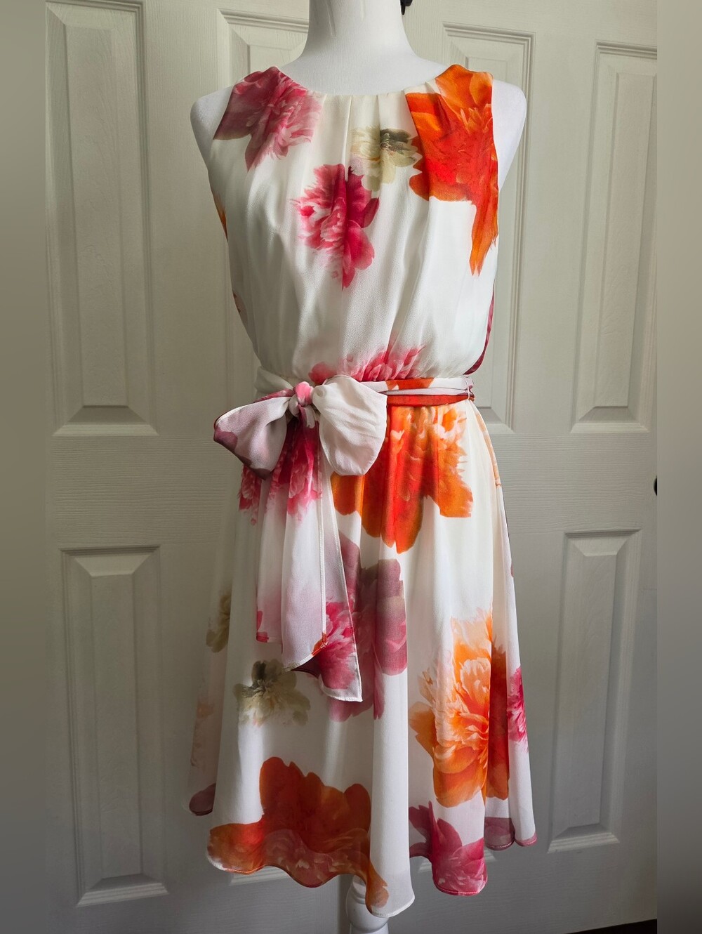 Calvin Klein Floral Midi Dress Pleated Watercolor Orange Pink Sash Belt, Size 4